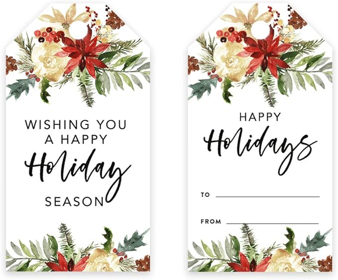 Andaz Press Christmas Holiday Season Classic Gift Tags, Happy Holidays to from and Wishing You A Happy Holiday Season, Christmas Florals Design, for Holiday Events, Parties, and Favors, 60-Pack