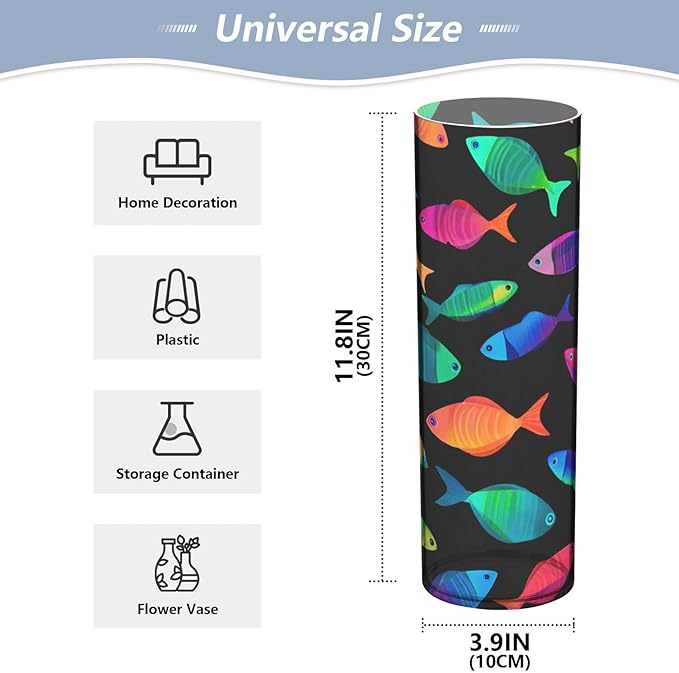 Flower Vase Clear Plastic Cylinder Vases Decor for Centerpieces Home Storage Office Weddings Geometric Colorful Fish 11.8 x 3.9 in