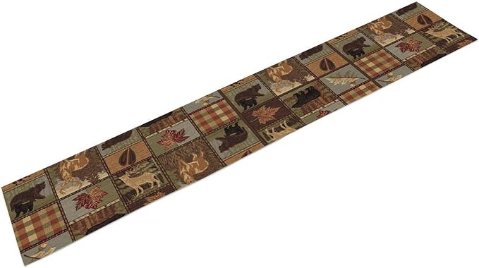 Rustic Bear Table Runner, Vintage Cottage Country Style Pine Tree Elk Wildlife Dinner Runner for Home Kitchen Dining Table Decoration 13"x120"