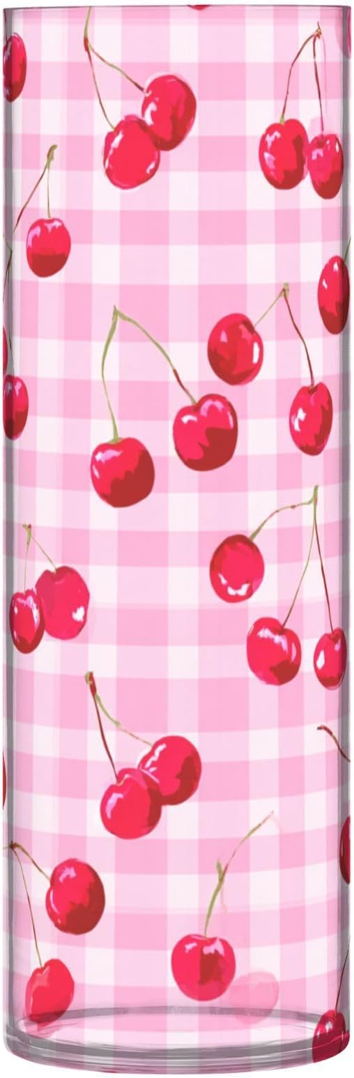 Flower Vase Clear Plastic Cylinder Vases Decor for Centerpieces Home Storage Office Weddings Pink Juicy Checkered Cherry 11.8 x 3.9 in