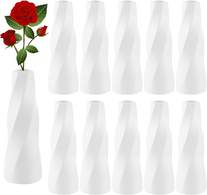 10 Pack White Vases, 8 Inch Plastic White Bud Vases Bulk for Flowers Pampas Grass, Tall Unbreakable Ceramic Look Small Plastic Flower Vases for Centerpieces Home Table Decor