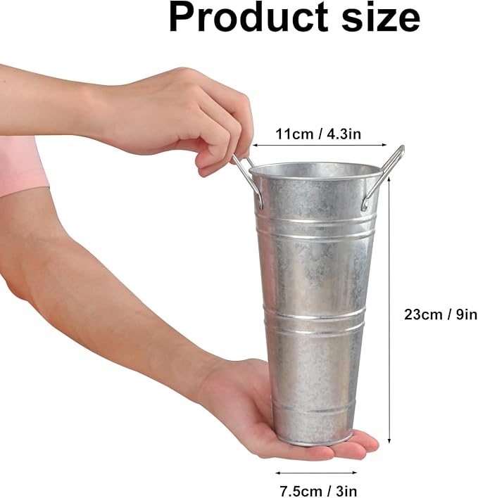 12 PCS 9 Inch Metal Flower Vase for Cut Flowers, Galvanized Metal Floral Buckets, Vintage Style Galvanized Flower Bucket for Home Décor & Wedding Centerpiece (Silver)