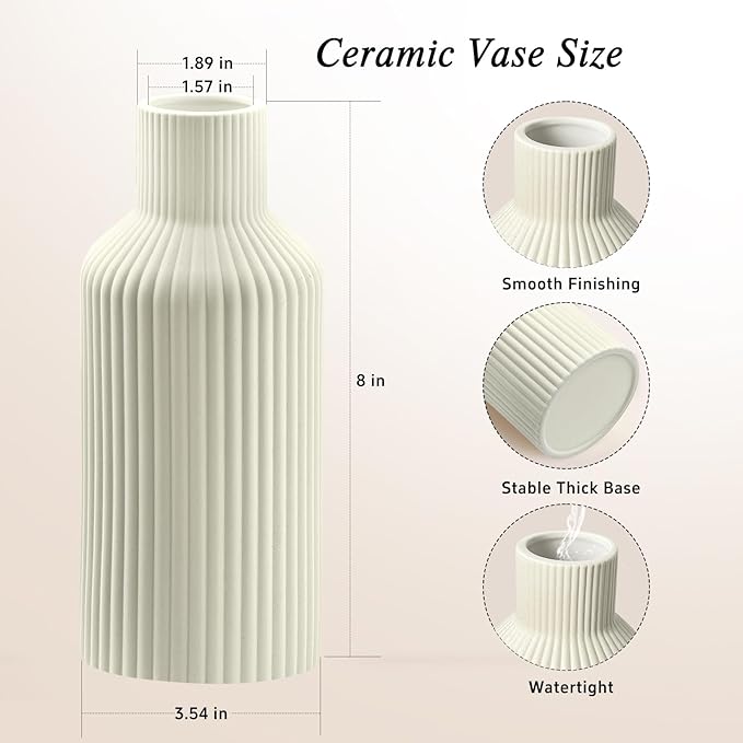 Ceramic Flower Vase, Minimalist Modern Home Decor, Matte Finish Pampas Grass Vase for Table, Fireplace, Shelf, Mantel, Entryway and Centerpieces (Off White)