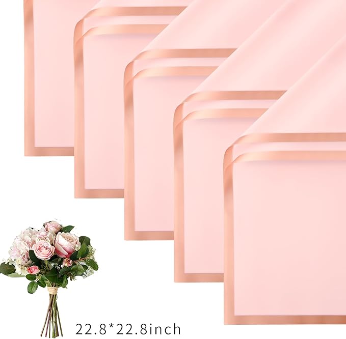 Bupduq 30 Sheets Pink Gold Edge Flower Bouquet Wrapping Paper，Florist Supplies Waterproof Floral Bouquet Wrapping Paper Bouquet Accessorie，Flower Shop Packaging Pape for DIY Gift Wedding Birthday