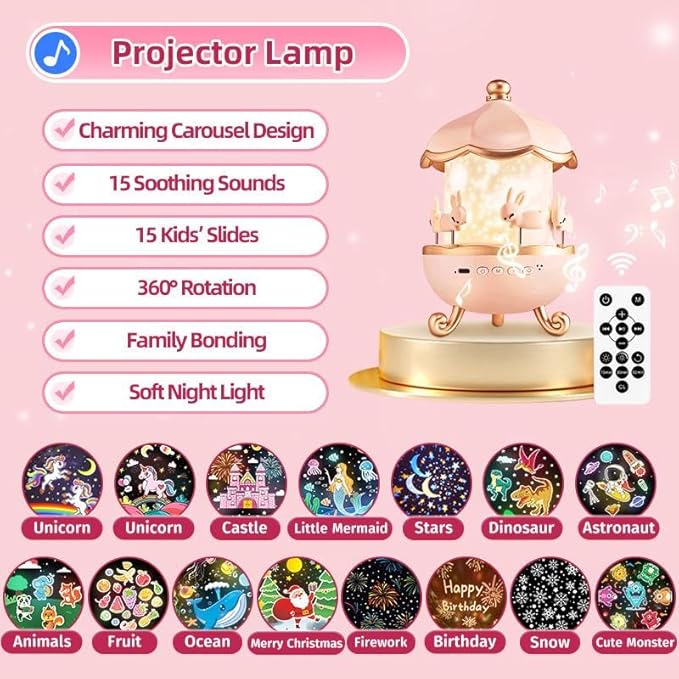 Christmas Gifts for Girls Toys, 15 Music+15 Films+315 Colors Night Light Projector, 360°+Remote+Cordless Star Projector for Kids, Mermaid Princess Gifts for Girls Room Decor, Pink Baby Toddler Toys