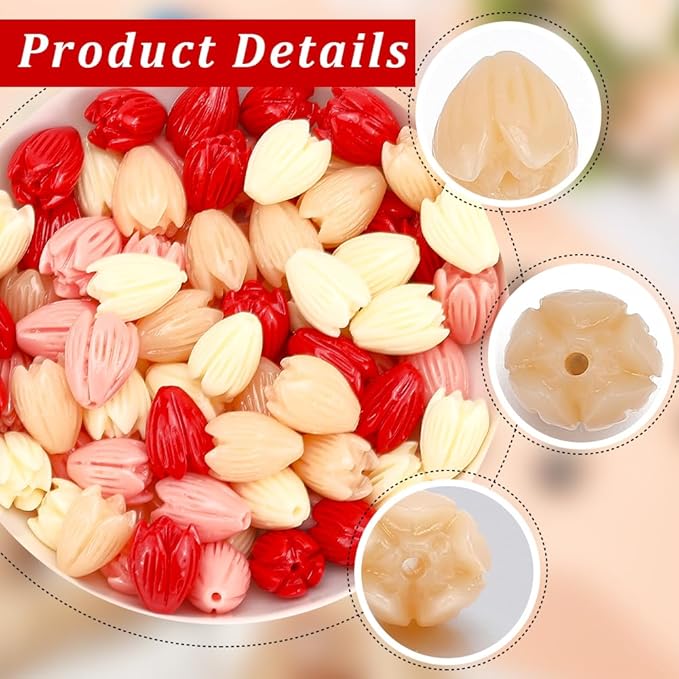 1 Box 100Pcs 4 Colors Carved Flower Beads 3D Floral Beads Colorful Artificial Red Jasmine Synthetic Coral Dyed Small Smooth Spacers Findings for Jewelry Making Bracelets Necklaces DIY Crafts