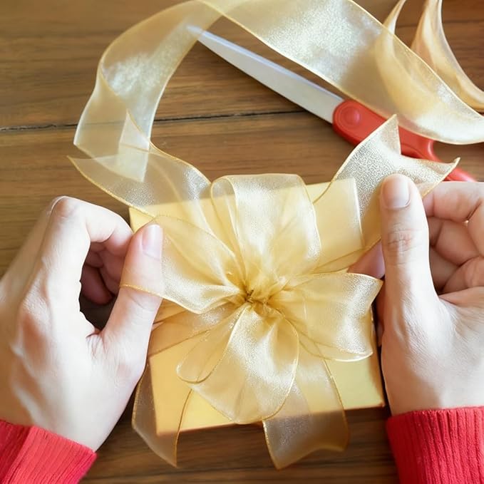 1-1/2 Inch Champagne Gold Sheer Organza Ribbon for Bow Making, Gift Wrapping, Christmas Decoration, 50 Yards/Roll