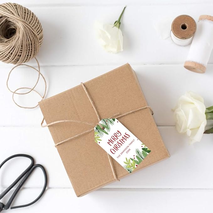 Andaz Press Personalized Christmas Holiday Season Classic Gift Tags, Merry Christmas Custom Family Name and Year, Holly and Berry Branches Design, for Holiday Events, Parties, and Favors, 60-Pack