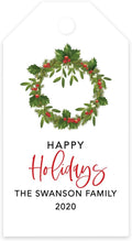 Andaz Press Personalized Christmas Holiday Season Classic Gift Tags, Happy Holidays Custom Family Name and Year, Christmas Wreath with Berries Design, for Holiday Events, Parties, and Favors, 60-Pack