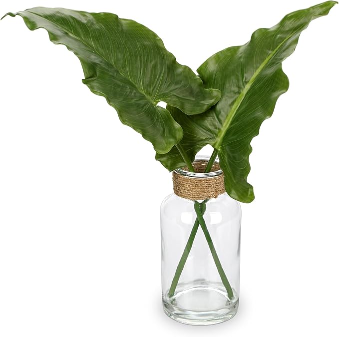 Faux Greenery Stems in Glass Vase with Faux Water, Silk Alocasia Realistic Fake Plants Artificial Tropical Leaves for Home Office Farmhouse Wedding Centerpiece Décor