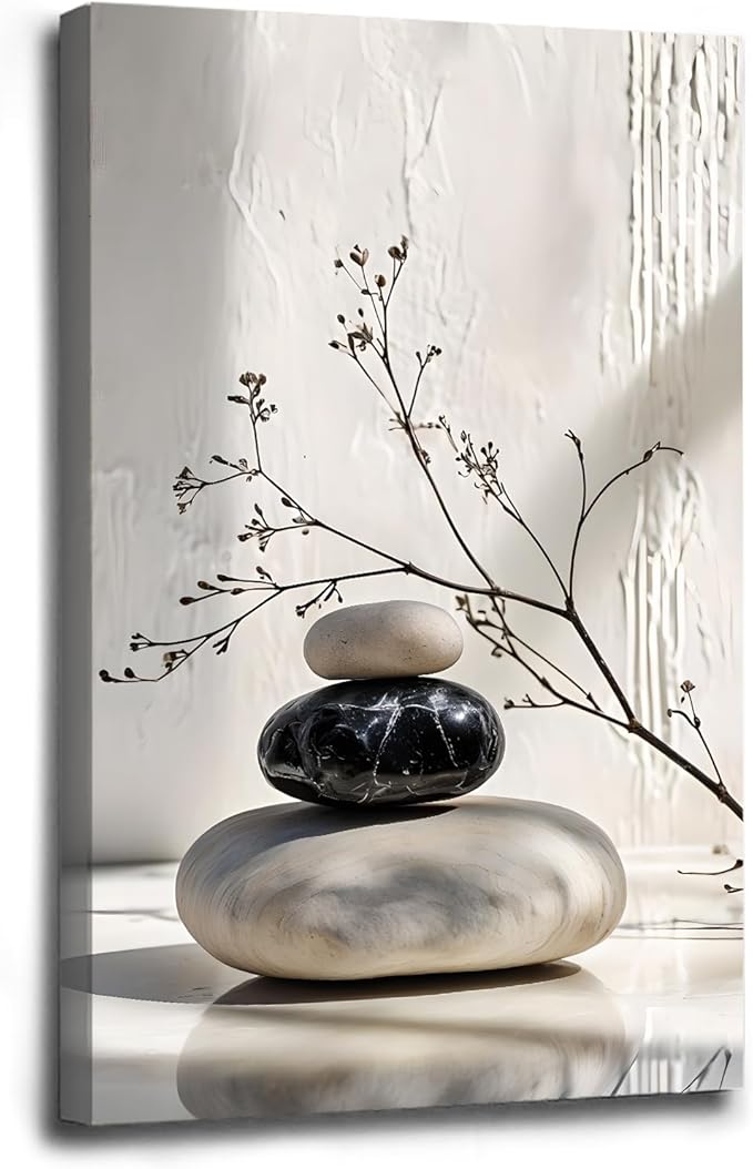 Gray and black stone pile and dried flowers poster canvas wall art in harmony Minimalist wall art for tranquil homes and mindful spaces 12x18in Wood Framed