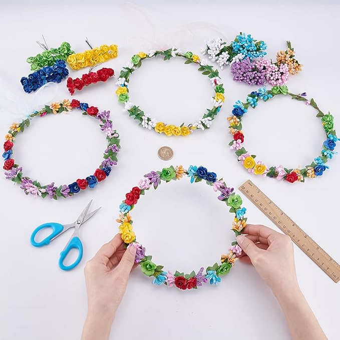 INFUNLY 12Sets DIY Flower Crowns Making Kit Fairy Flower Headbands and Bracelets Make Your Own Flower Wreath Handmade Floral Garland Kit Floral Crowns Head Hair Accessories for Wedding Birthday Party