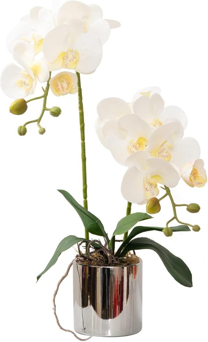 Artificial Orchid Flowers White Faux Orchids with Ceramic Vase Vivid Fake Phalaenopsis Flower Arrangement Gorgeous Artificial Plants for Office Desk Wedding Party Exhibition Center & Home Table Decor
