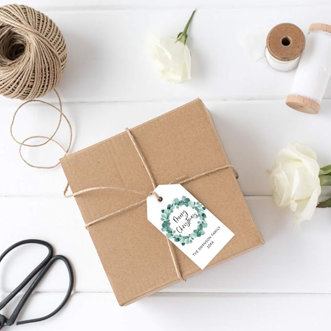Andaz Press Personalized Christmas Holiday Season Classic Gift Tags, Merry Christmas Custom Family Name and Year, Eucalyptus Wreath Design, for Holiday Events, Parties, and Favors, 60-Pack