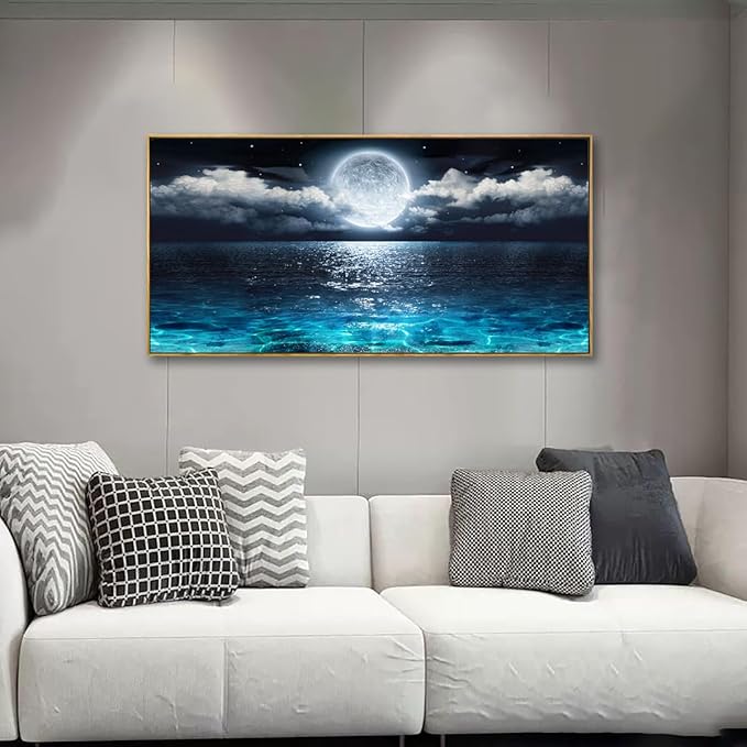 Canvas Wall Art for Living Room Bedroom Office Framed Ocean Beach Wall Art Paintings Pictures Artwork Moon Waves Blue Wall Decor 2.7cm Thick Frame, 20 * 40inch