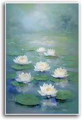 Zen wall art Delicate white lotus flower floating on calm water Vintage oil painting print Serene aquatic wall art creates a tranquil home decor 28x40in Frameless
