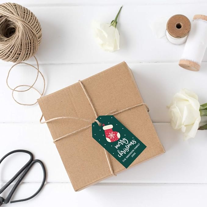 Andaz Press Personalized Christmas Holiday Season Classic Gift Tags, Merry Christmas Snowflake Stocking Design, Custom Family Name and Year, for Holiday Events, Parties, and Favors, 60-Pack