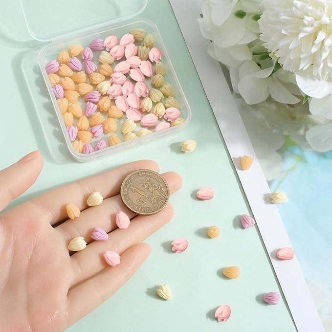 1 Box 100Pcs 4 Colors Acrylic Flower Beads Jasmine Flower Beads Small Coral Shell Dyed Synthetic 3D Carved Cute Loose Beads Flowers for Jewelry Making Beading DIY Bracelet Necklace Earring