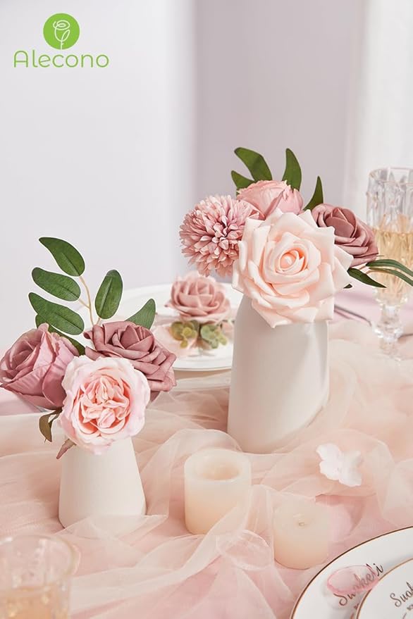 Alecono Artificial Flowers, Dusty Pink Silk Fake Flowers for DIY Wedding Bridal Bouquets, Wedding Cake Flowers for Table Centerpieces Baby Shower Birthday Party Home Decorations