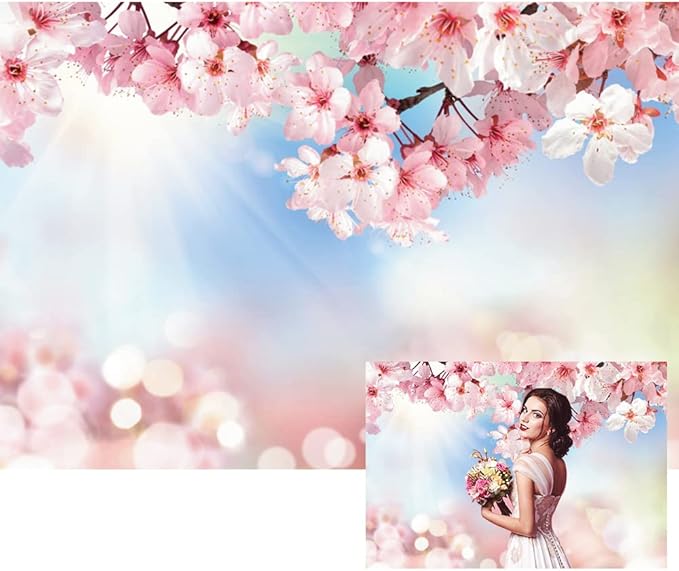 Renaiss 10x7ft Cherry Blossom Floral Backdrop Pink Flower Sunshine Bokeh Romantic Nature Scenery Photography Background for Wedding Bridal Shower Birthday Party Decor Photo Booth Props