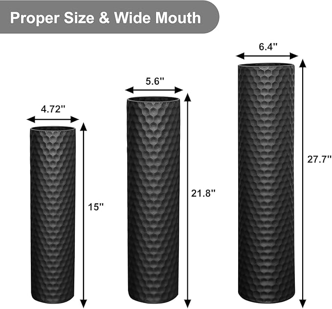Tall Black Floor Vase 3 Pack, Extra Large Decorative Metal Standing Vases for Living Room Corner Office Home