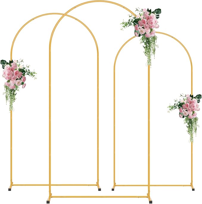 Metal Arch Backdrop Stand Set of 3 (7.2FT/6.6FT/6FT), Easy Assemble Balloon Arch Stand Kit, Decorative Backdrop Arch Stand, Gold Wedding Arch for Birthday Party and Baby Shower Decoration
