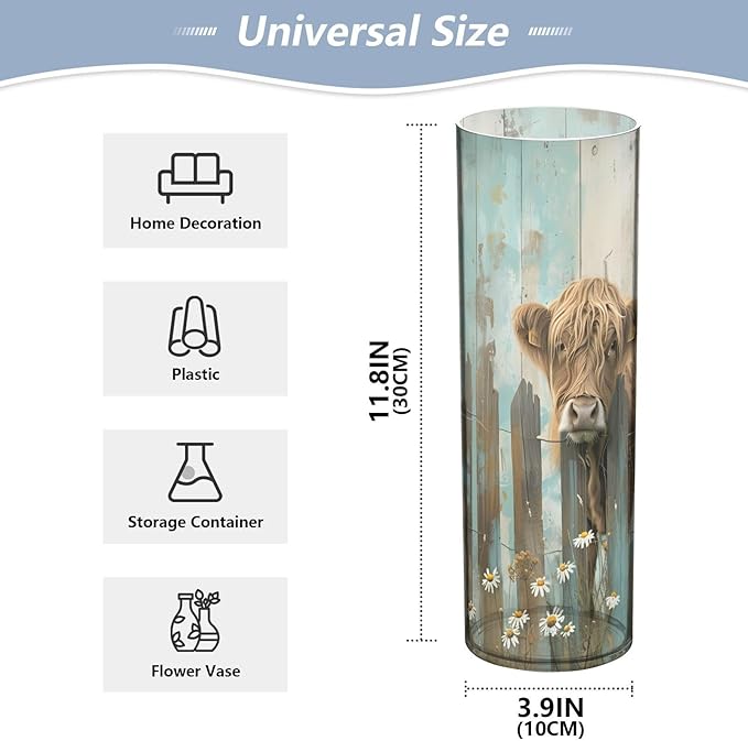 Flower Vase for Centerpieces, Highland Cows Fence Plastic Cylinder Vase, Clear Bud Vases for Home Wedding Office Table Decor