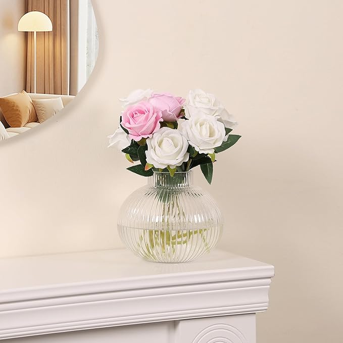 Round Glass Vase, Flower Vases for Bouquet, Ribbed Glass Vases for Flowers, Small Clear Vase for Living Room, Office, Coffee Table, Shelf, Wedding, 6 Inches