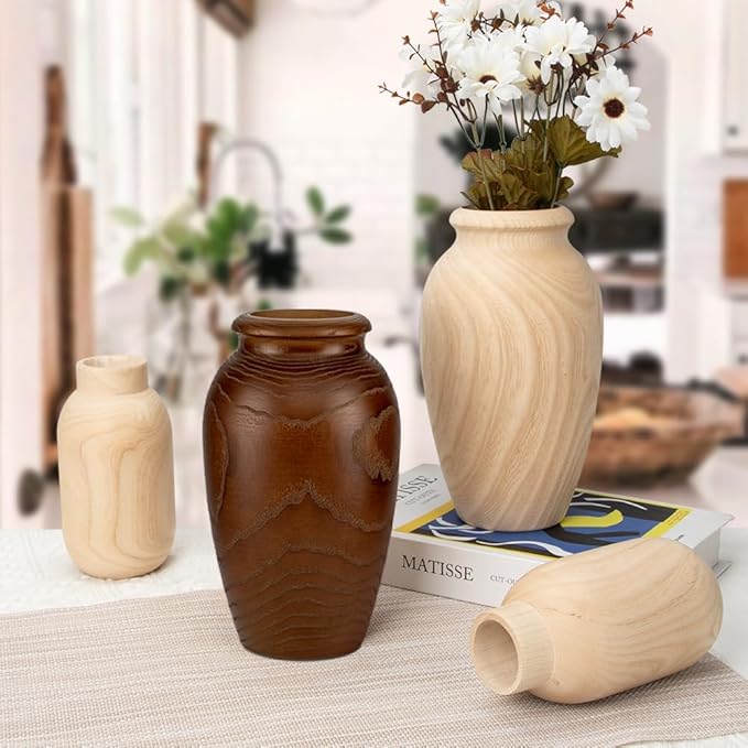 9" Tall Handmade Wooden Flower Vase, Large Wood Vase Decoration for Flower Arrangement Home Decoration