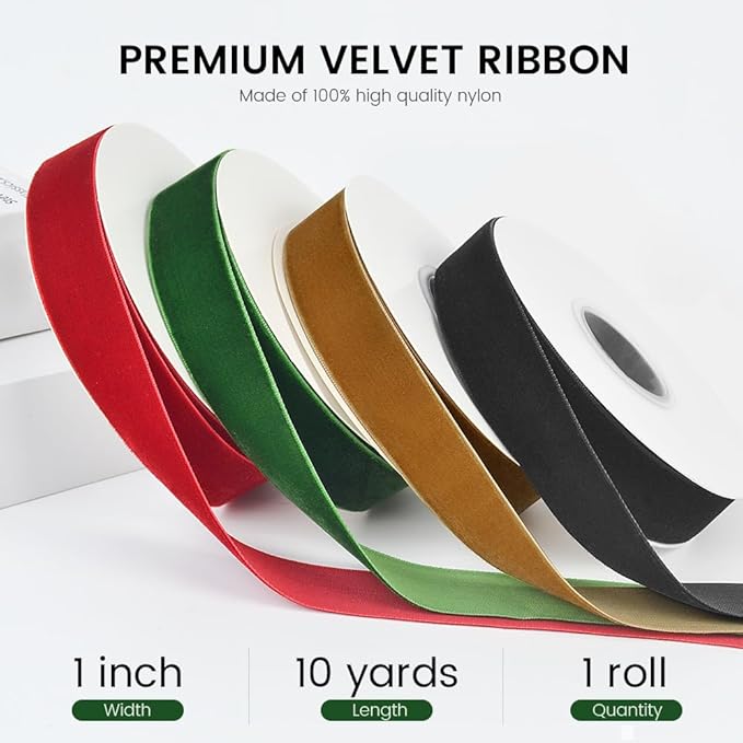 1" Wide x 10 Yards Velvet Ribbon, Vintage Single Face Velvet Ribbons for Gift Wrapping, Christmas Wrapping Bows, Wedding Decor, Sewing and More (Forest Green)