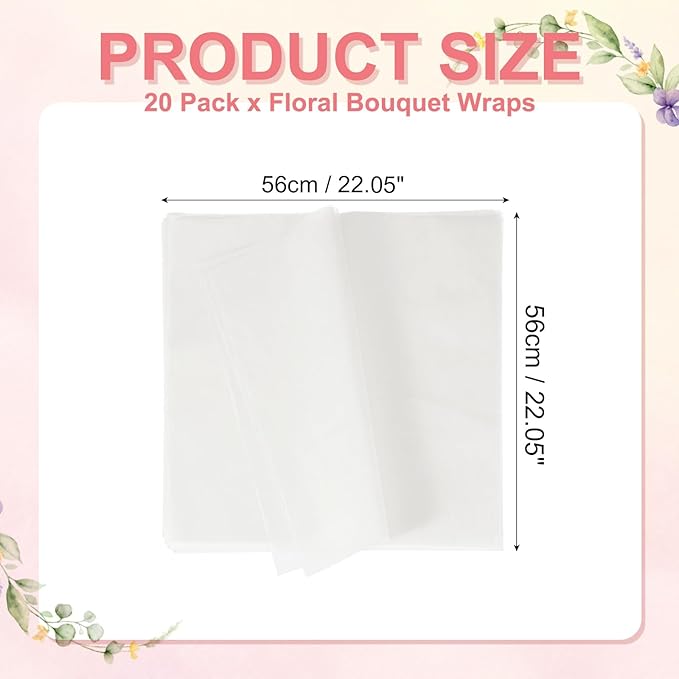 YELARXI Flower Wrapping Paper, Cotton Wrapping Flower Paper, Non-Woven Waterproof Floral Bouquet Wraps - Fitting for (Florist Supplies/Gift) 22 x 22 Inch & 20 Pack & White