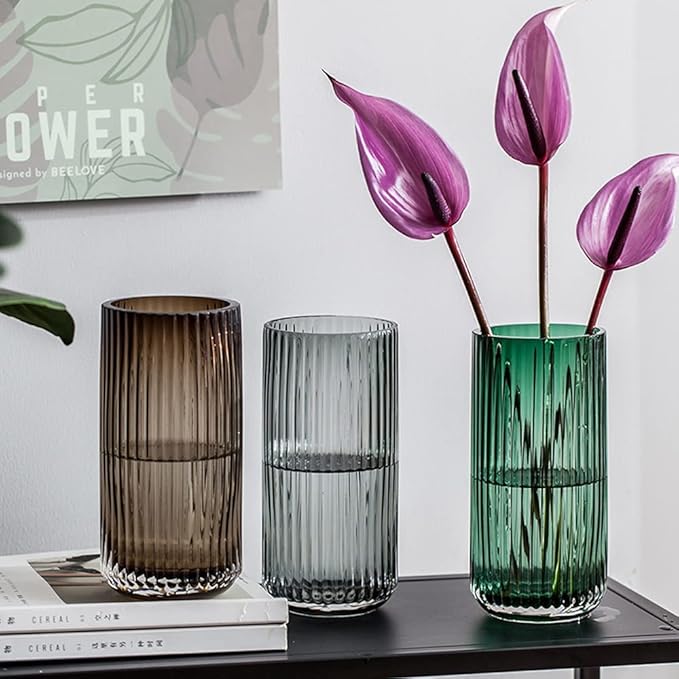 Muyan 9.8" Flower Vase for Decor Ribbed Glass Vase Modern for Centerpieces Desktop Home Office Dining Living Room Wedding (Amber)