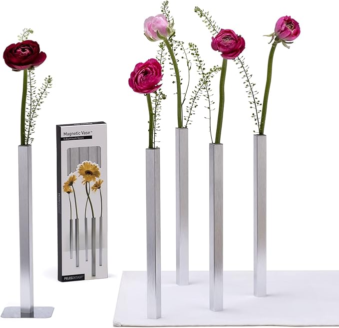 PELEG DESIGN Magnetic Flower Vase - Unique and Modern Set of 5 Silver Aluminum Vases for Home Garden Décor | 9.4 x 0.6 x 0.6 inches | Suitable for Both Real and Artificial Flowers