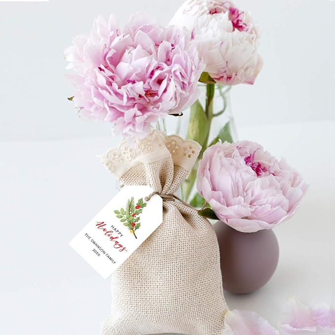 Andaz Press Personalized Tags, Custom Family Name and Year, Winter Holiday Branch Design, 60-Pack for Events and Parties