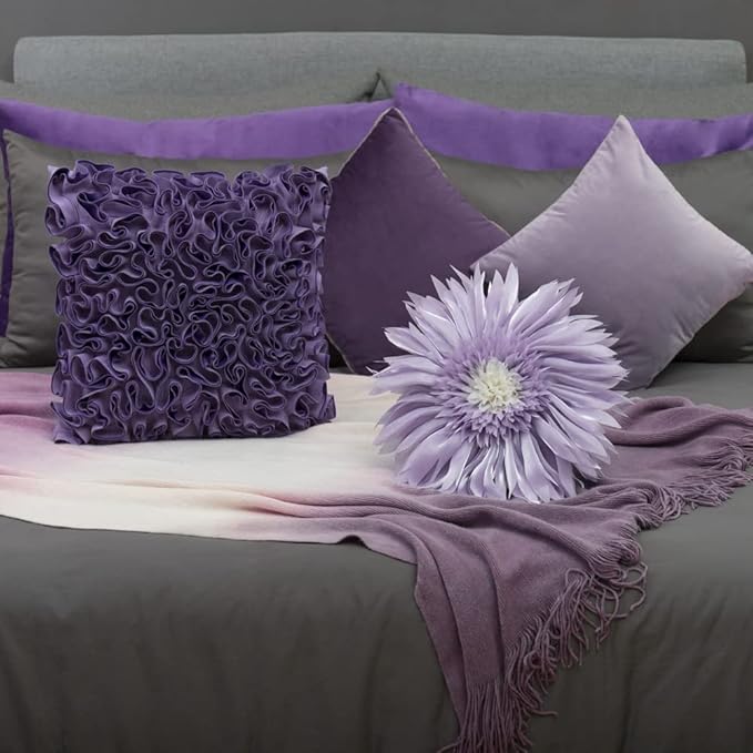 Handmade Lavender Flower Round Throw Pillows Decorative Daisy Accent Pillowcase with Insert Boho Farmhouse Home Decor for Couch Bed Floral Satin Cushion for Living Room Bedroom 14Inch Purple