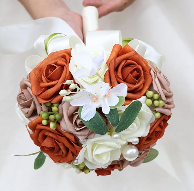 Lightweight Bridal Wedding Bouquet Round Holding Bouquet Throw Toss Artificial Rose Flower Bunch for Bride Bridesmaid Wedding Quinceanera (Cream, Coral & Rosy Brown, 7.9")