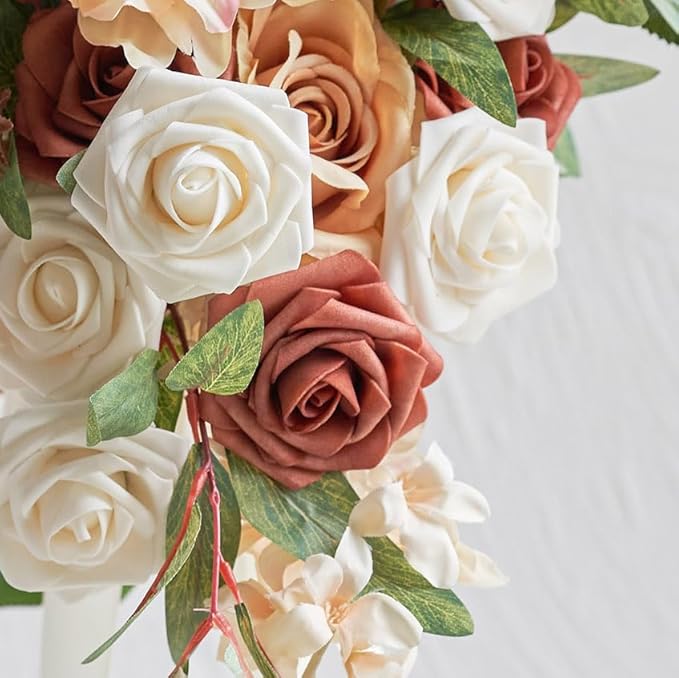 Artificial Flowers, 25pcs Terracotta Artificial Rose for DIY Wedding Bouquets Centerpieces Arrangements, Foam Roses with Stems for Bridal Shower Party Home Decorations