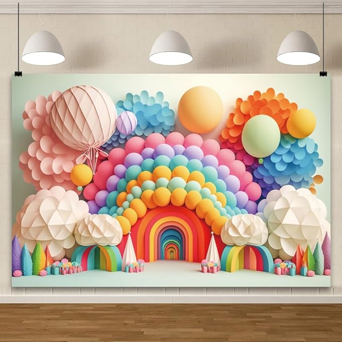 YongFoto Paper Flowers Backdrop 20x10ft Colorful Cut Paper Floral Blossom Rainbow Arch Hot Air Balloon Honeycomb Ball Photography Background Lovely Party Banner Home Decor Photo Studio Booth Props