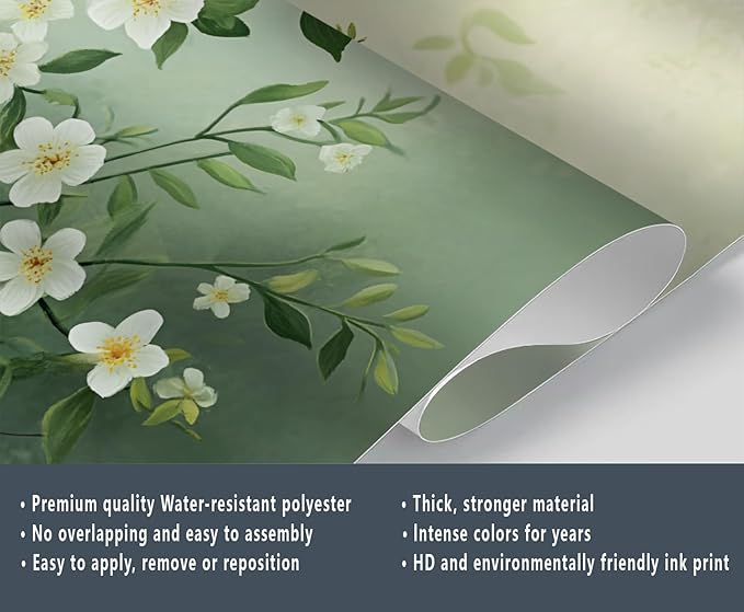 Spring Blossom Floral Wall Mural, Minimalist White Floral 3D Wall Murals, Elegant Botanical Wallpaper Mural, for Living Room Bedroom Large Wallpaper Indoor Decor 59" W x39.4 H