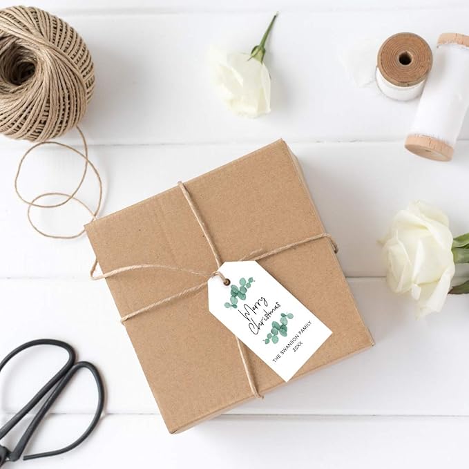 Andaz Press Personalized Christmas Holiday Season Classic Gift Tags, Merry Christmas Custom Family Name and Year, Eucalyptus Leaves Design, for Holiday Events, Parties, and Favors, 60-Pack