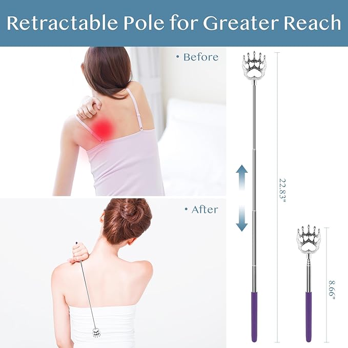 (4-Pack) Extendable Back Scratchers - Metal Claws with Telescopic Rubber Handles - Stocking Stuffers for Men, Women, Kids - Christmas Gift