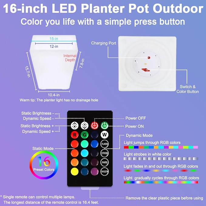 16-In Square LED Planter Pot Outdoor, Large Rechargeable Lighted Flower Pot w/Remote, Dimmable RGB Color Changing Light Up Plant Pots, Modern Waterproof Illuminated Planter for Home Balcony Porch Yard