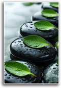 Glittering black stone cluster with fresh green leaves and water drops poster tranquil mist rain wall art zen wall art suitable for modern minimalist home decor 12x18in Frameless