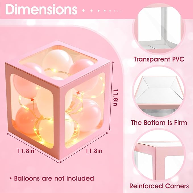 Ledido Baby Boxes with Letters for Baby Shower Decoration, 4 pcs Clear Baby Balloon Boxes Blocks with LED Fairy String Lights 38 Balloons for Boy Girl Gender Reveal Birthday Party (Pink)