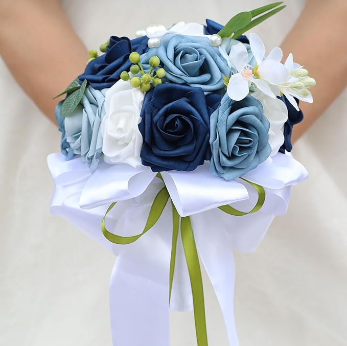Lightweight Bridal Wedding Bouquet Round Holding Bouquet Throw Toss Artificial Rose Flower Bunch for Bride Bridesmaid Wedding Quinceanera (White & Shades of Blue, 7.9")
