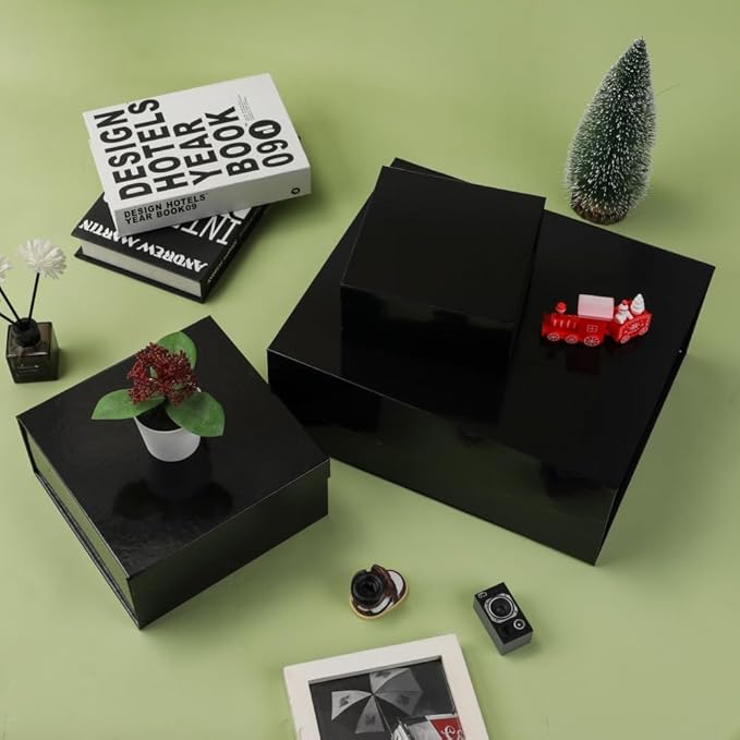 6 Pcs Black Gift Box Large 13x11x5.3 Inch Black Large Gift Box with Crinkle Paper Magnetic Box with Shredded Paper Luxury Gift Boxes with Lids for Presents