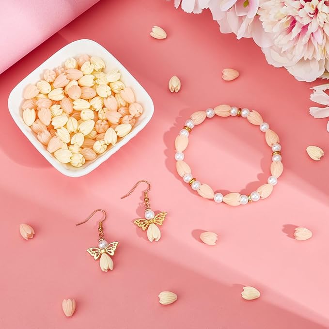 1 Box 100pcs Flower Shape Beads Light Pink Flower Beads Artificial Synthetic Coral Peach Color and Creamy White Spring Flowers Loose Spacer Jasmine Bead for Jewelry Making Necklace Bracelet
