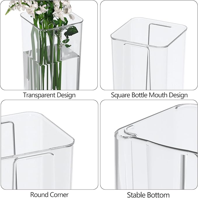Pekky 6-Pack Clear Acrylic Flower Vases for Centerpieces, Tall Square Table Flowers Vase