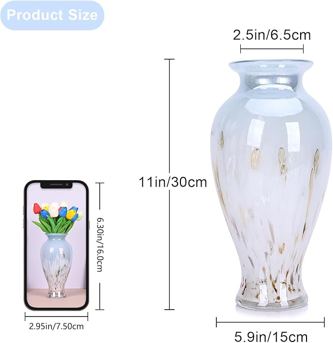 Hand Blown Glass Vase 11.8" Tall Beautiful Blue White Sea Wide Mouth Bud Vase for Table Centerpiece, Painted Colorful Murano Glass Flower Vases for - Home Entrance Wedding Center