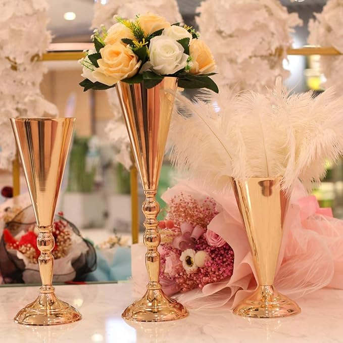 Set of 2 Tabletop Metal Wedding Flower Trumpet Vase Wedding Centerpiece Flower Vase for Wedding Event Decoration Living Decor Party Decor (Gold, 2×L)